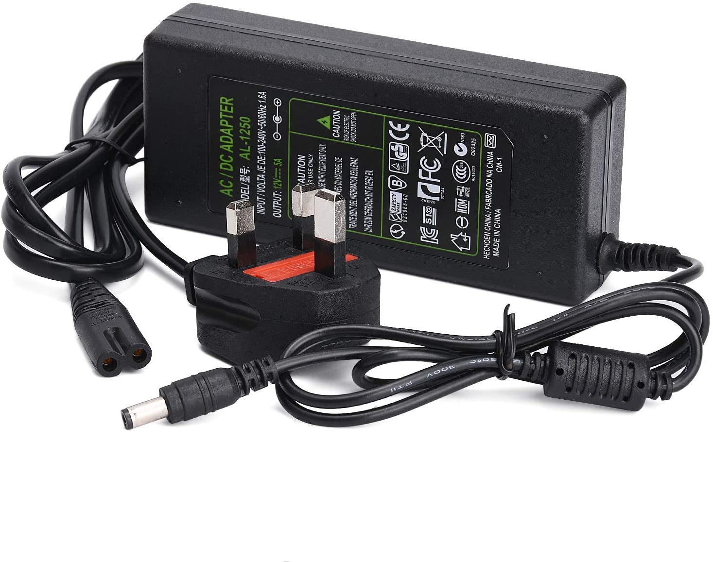 AC 100-240V to DC 12V 5A Regulated Power Adapter, UK Plug Cord