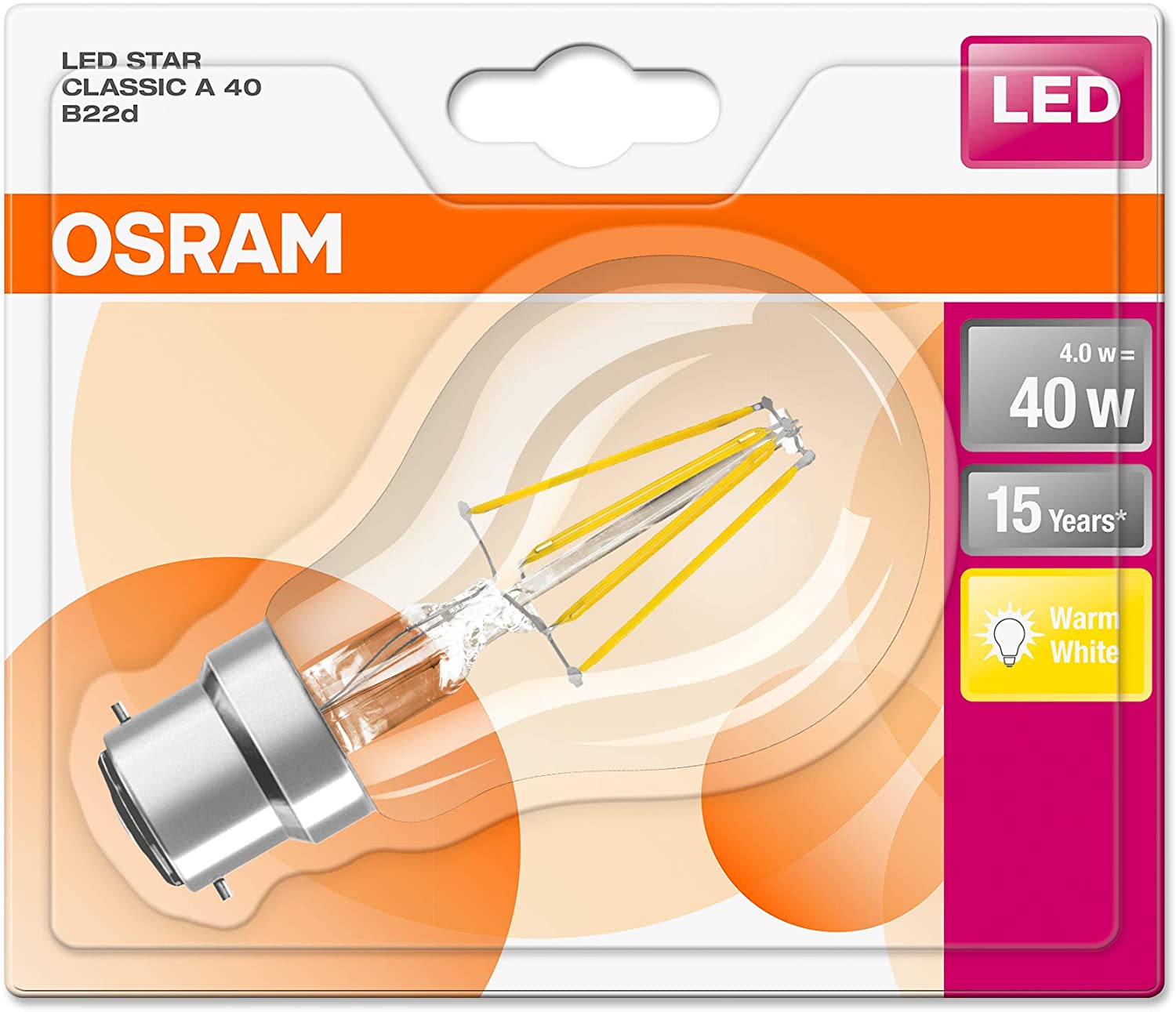 OSRAM LED Retrofit CLASSIC A/LED lamp, classic bulb shape: B22d, 4 W, 220…240 V, 40 W replacement, clear, Warm White, 2700 K, 1pack - Image 3