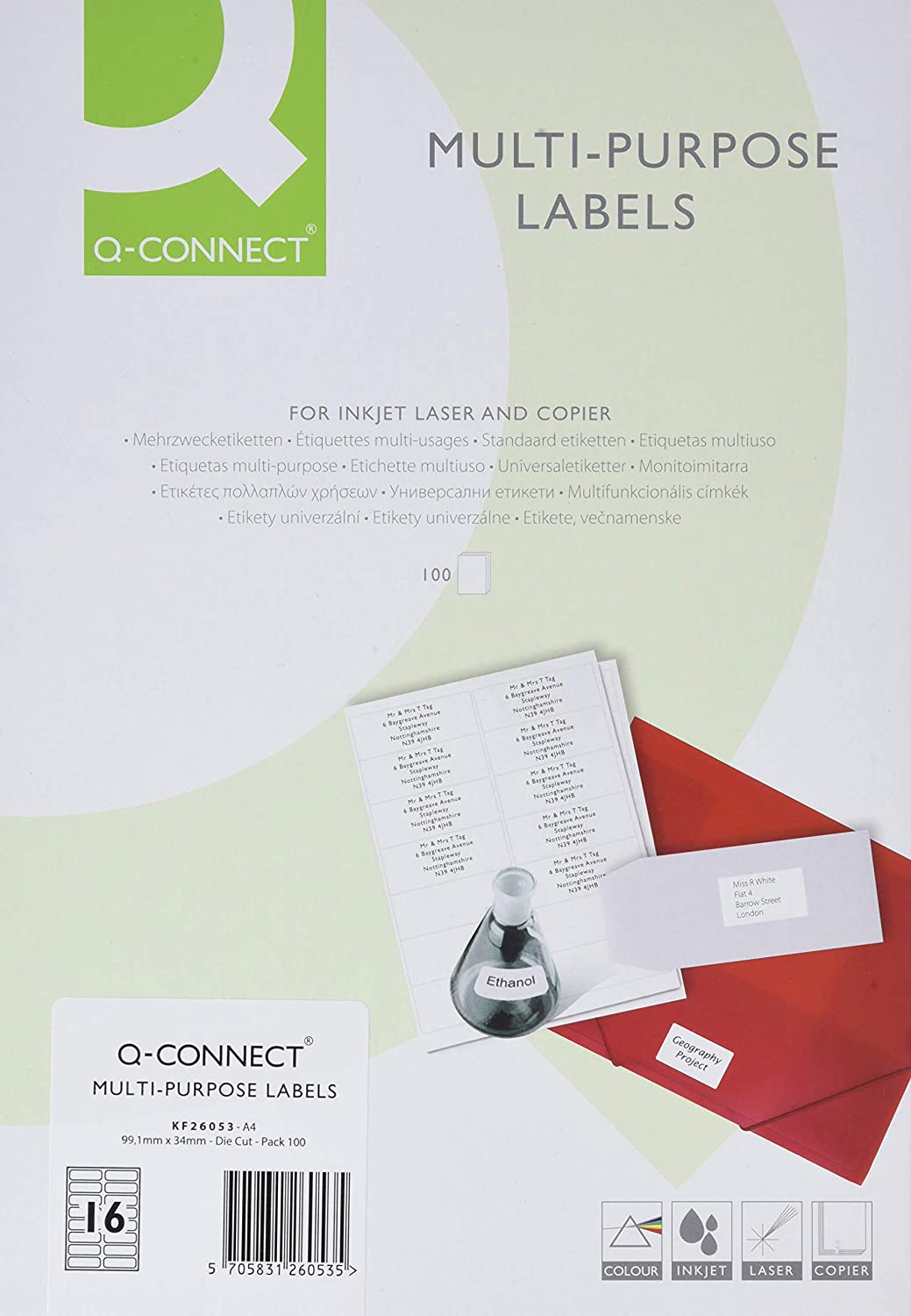 Q-Connect Multipurpose Labels 99.1x34mm 16 Per Sheet White (1600 Pack) KF26053, Pack of 100