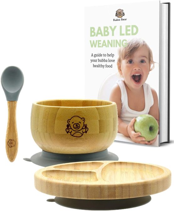 Bubba Bear ® Baby Bamboo Suction Bowl, Plate & Spoon Set | Stay Put Toddler Led Feeding Bowls & Plates | Free Guide to Weaning