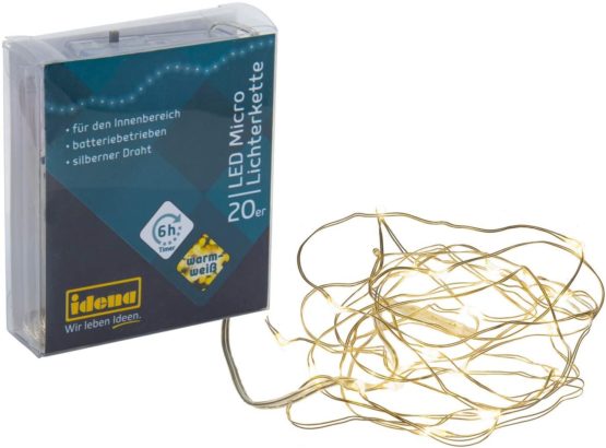 Idena 31118 LED Micro Fairy Lights with 20 LEDs in Warm White with 6 Hour Timer Function, Battery Operated, Approx. 2.2 m Long, for Parties, Christmas, Decoration, Wedding, Mood Light