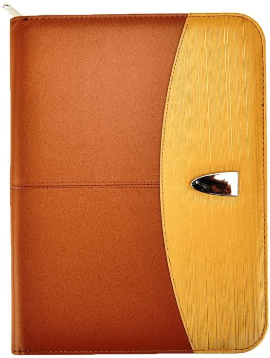 Arpan Deluxe Professional A4 Organiser Portfolio Zipped Work Case Folder/Padded Conference File Folio with Built-in Calculator Note Pad & Business Card Holders – Brown/Tan Gold