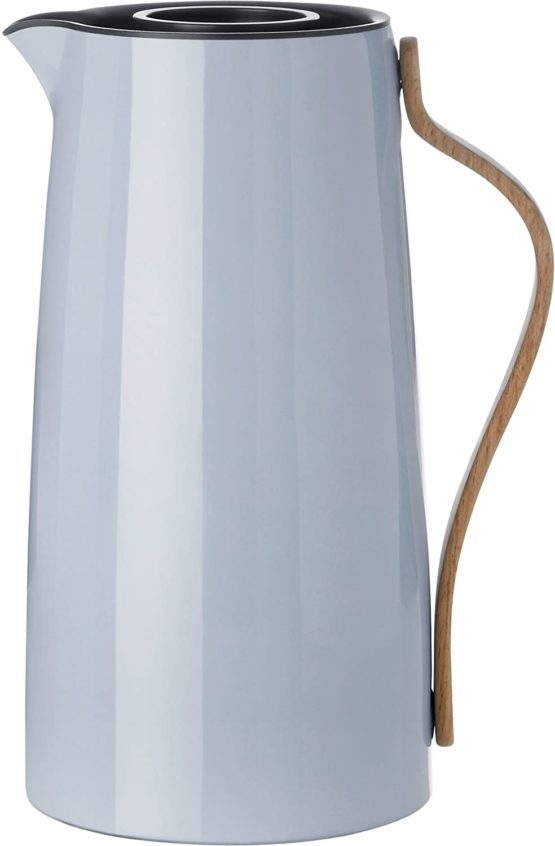 Stelton Emma Vacuum Jug Coffee - 1.2L Stainless Steel Thermal Insert, Double Wall Insulated Pitcher - Tea Pot and Hot Beverage Container with Beech Wood Handle, Easy-Click Lid, Glossy Finish (Blue)