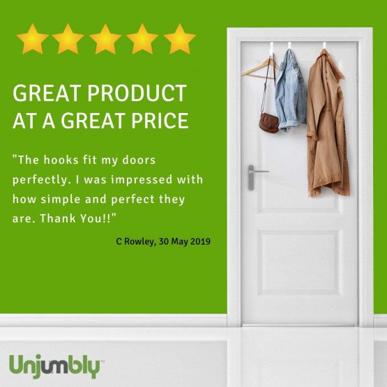 Over Door Hanger from Unjumbly - 4 Pack Metal Small Over the Door Hangers to Fit Over the Two Most Popular Door Widths, Ideal Over Door Hooks as a Towel Hanger, Coat Hook, Wardrobe Door Hook (White) - Image 2