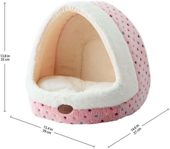 Tofern Colorful Dots Patterns Striped Cute Pet Fleece Bed Puppy Small Dog Cat Sleeping Igloo House Non-Slip Warm Washable, Pink Dots - Image 2