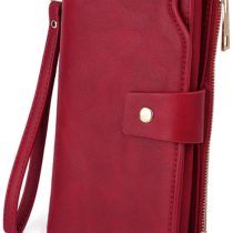 UTO RFID Blocking Phone Wallet for Women Ladies Wristlet Clutch Purse 21 Slots Card Organizer Fits 5.5' Cellphone PU Leather Red