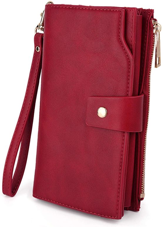 UTO RFID Blocking Phone Wallet for Women Ladies Wristlet Clutch Purse 21 Slots Card Organizer Fits 5.5' Cellphone PU Leather Red