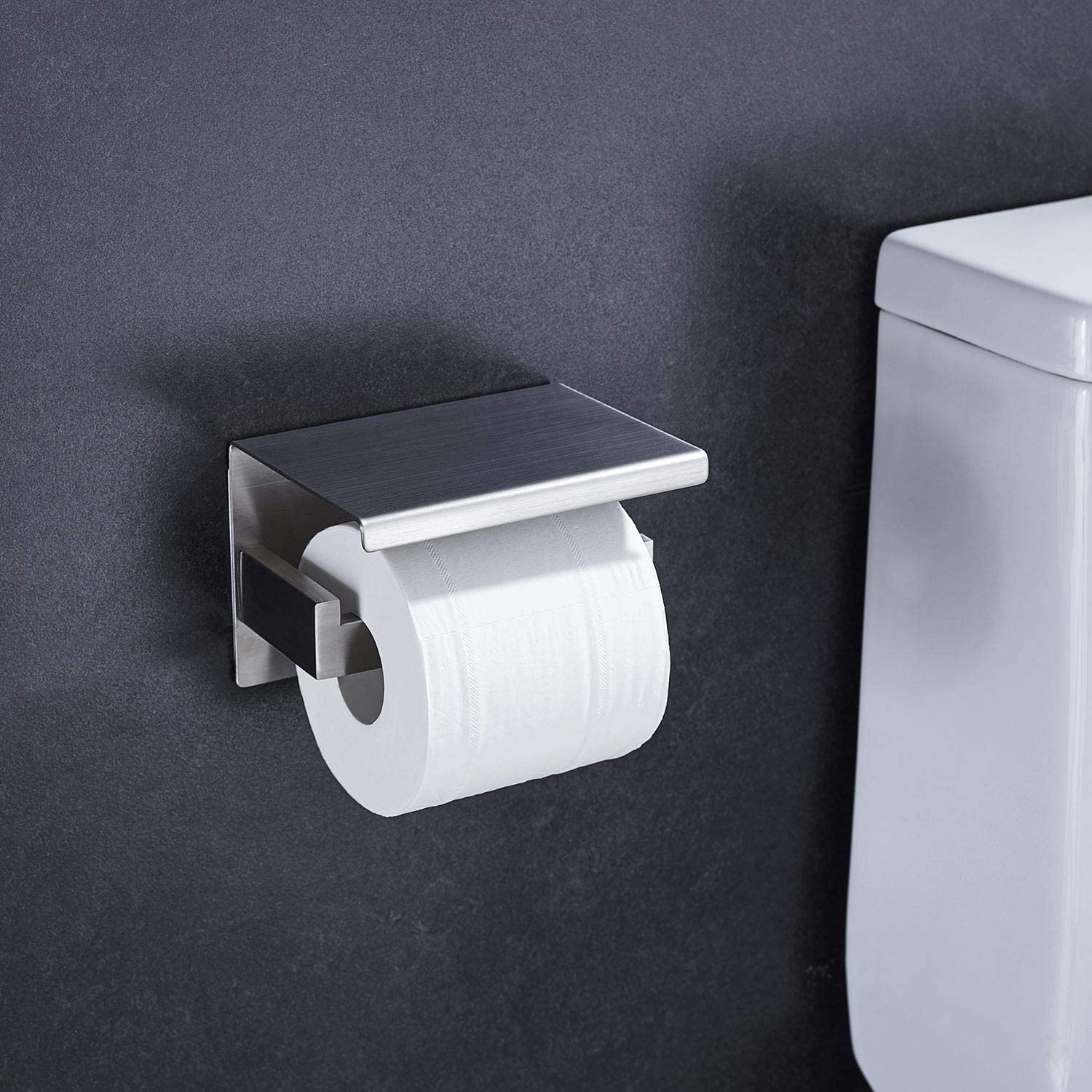 Aikzik Toilet Roll Holder Self Adhesive, Screw-in Wall Mounted Toilet Paper Holder with Phone Shelf - Image 4