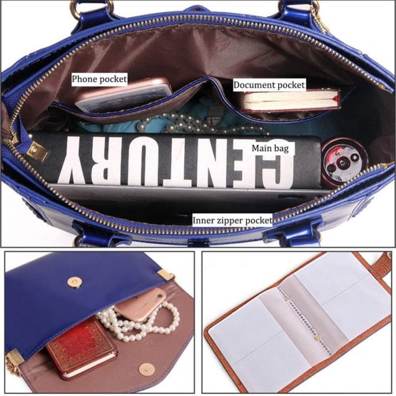 Chikencall® Women Fashion Handbags Patent Leather Tote Purses Ladies Shoulder Bags Top Handle Chain Satchel Purse Set 3pcs - Image 4