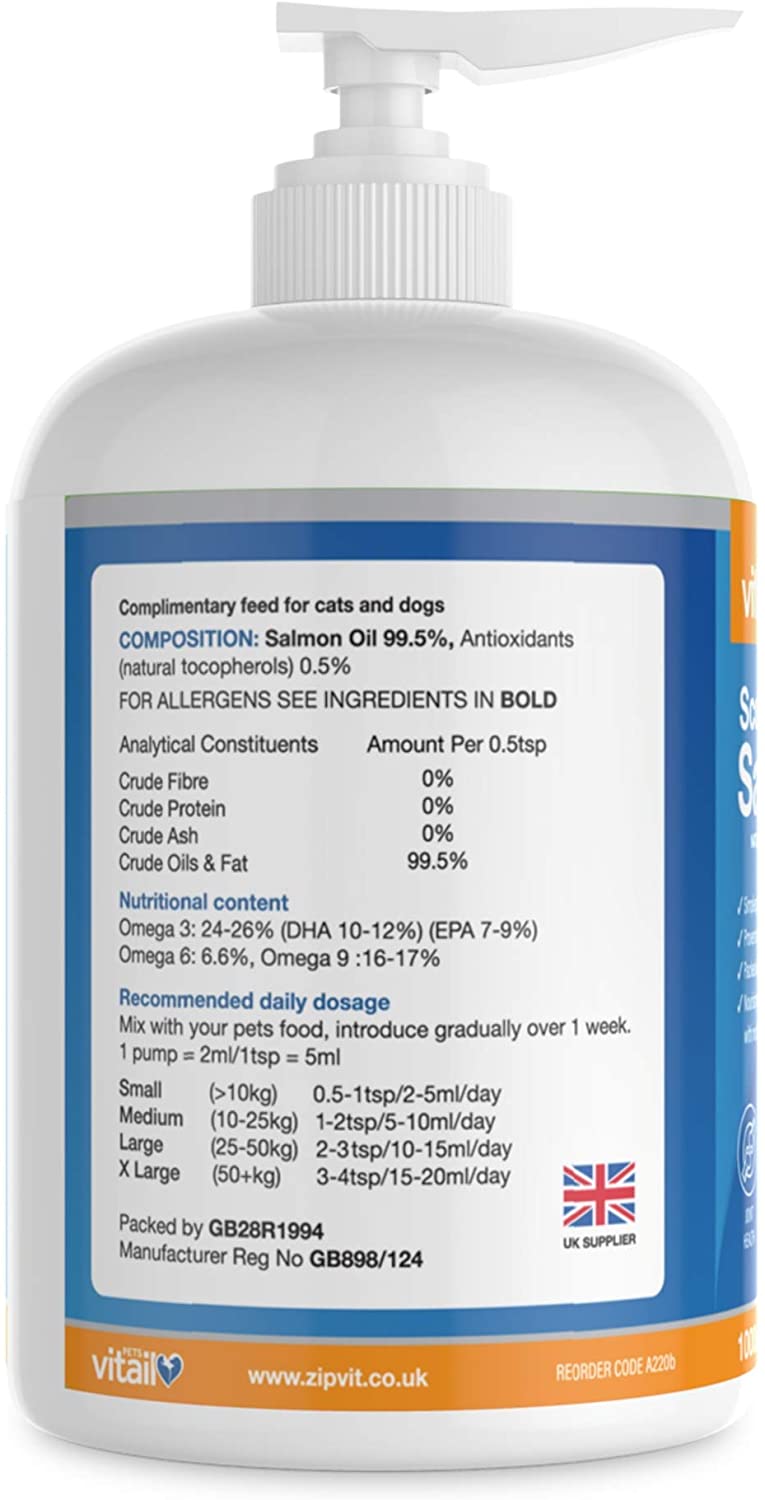 Zipvit Salmon Oil for Dogs 1 Litre, 100 Pure Scottish Salmon Oil. Natural Omega 3, 6 & 9