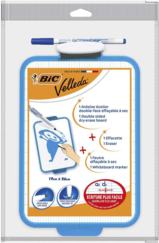 BIC Velleda Double-Sided Dry Erase Board, Size 19 x 26 cm with Blue Whiteboard Marker and Eraser, Pack of 1