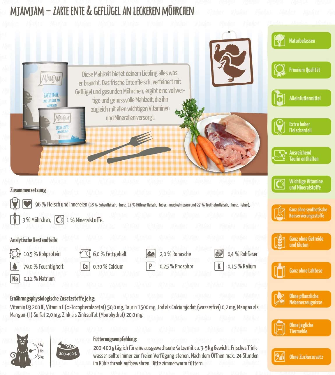 MjAMjAM - Premium wet food for cats - delicate duck and poultry on delicious carrots, 1 pack (1 x 400 g), grain-free with lots of meat - Image 3