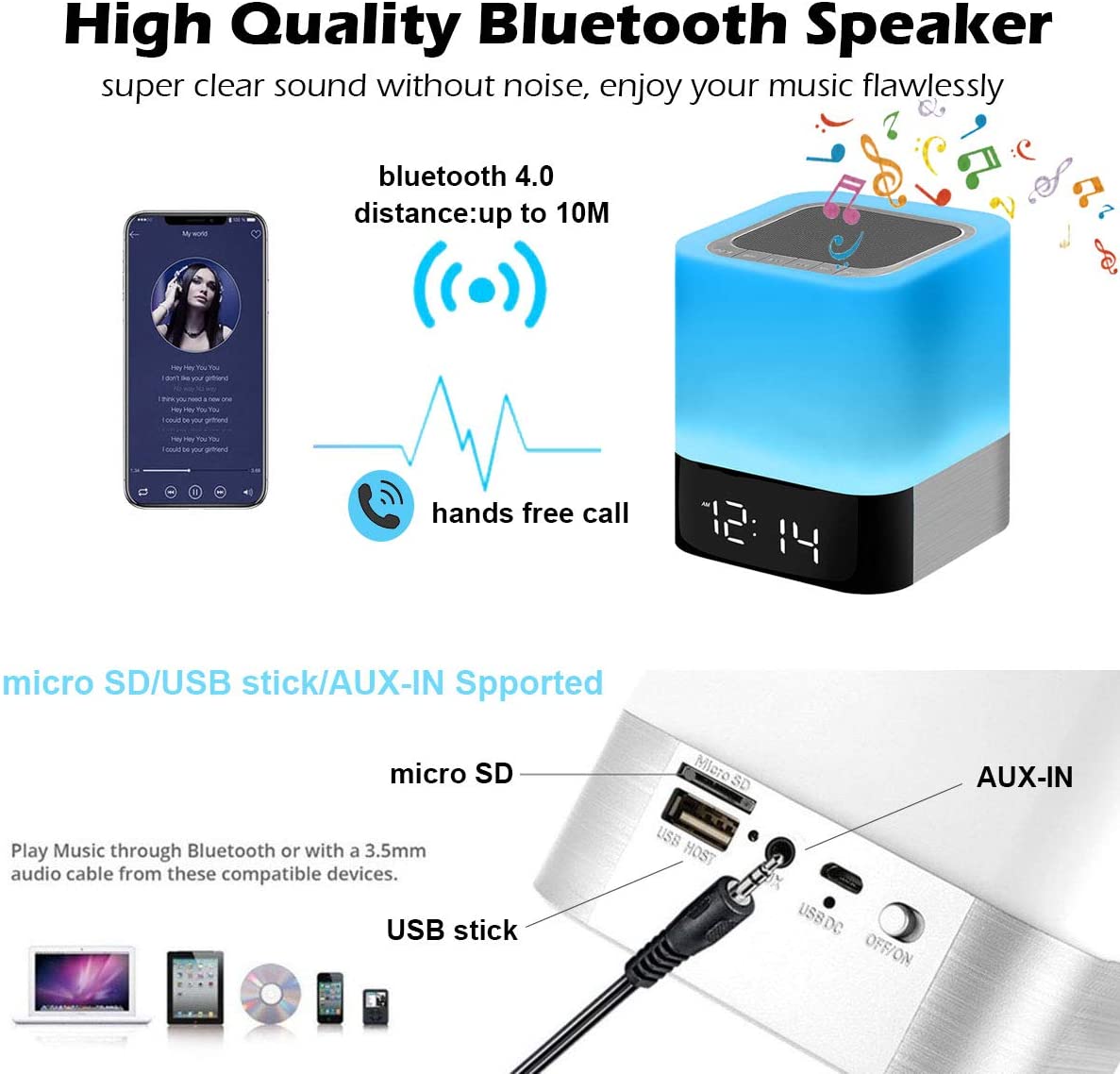Bedside Lamp with Alarm Clock Bluetooth Speaker, Night Light Bedroom Decor Color Changing Table Lamp - Image 2
