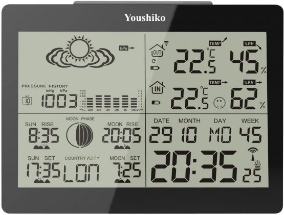 Youshiko YC9360 Digital Weather Station with Radio Controlled Clock ( Official UK Version ), Indoor Outdoor Temperature Humidity , Sunrise , Sunset , Moonrise , Moonset Times , Barometric Pressure