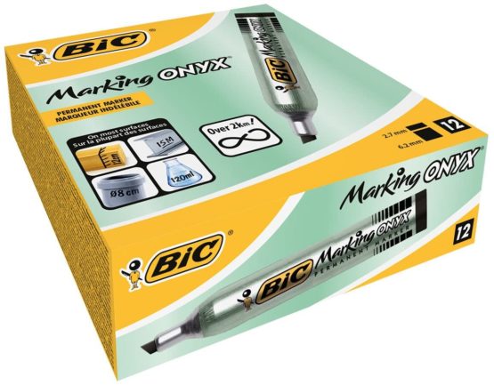 Bic - Onyx Marker- 12 Permanent markers Bevel point Metal body large capacity Black ink- 1591 3.5mm - 5.5mm Box of 12 - Black