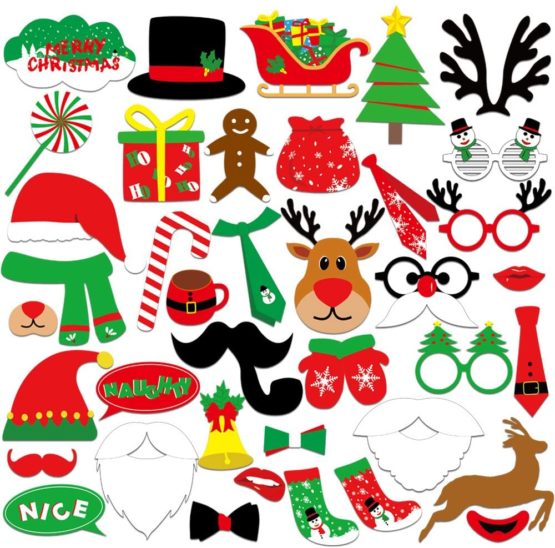 KUUQA 39 Pcs Christmas Photo Booth Props Kit Merry Chiristmas Party Decoration Supplies