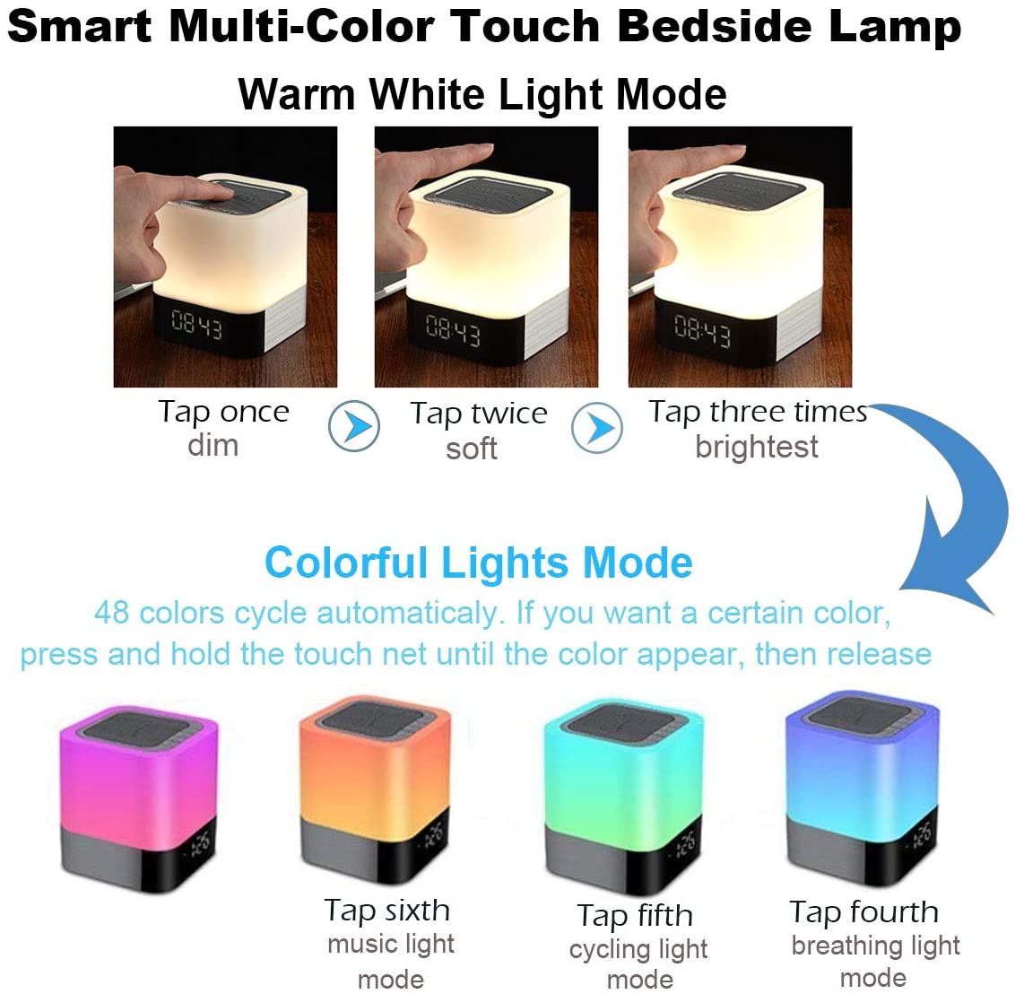 Bedside Lamp with Alarm Clock Bluetooth Speaker, Night Light Bedroom Decor Color Changing Table Lamp - Image 3