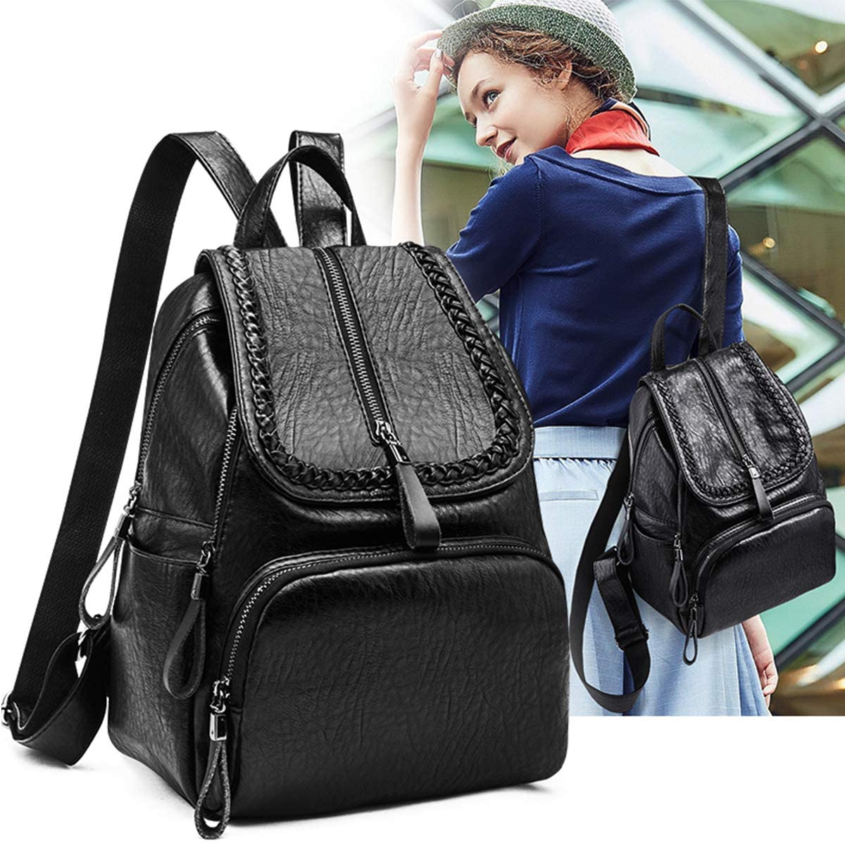 NIYUTA Backpacks Women Fashion PU Shoulder Bags Large Capacity Travel Pupil Crossbody Bags Black - Image 2