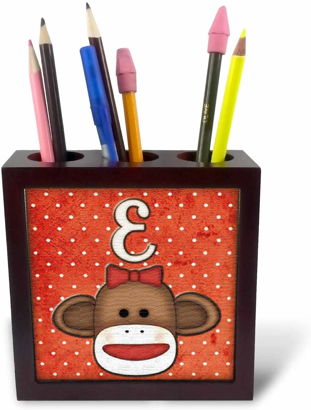 3dRose ph_102808_1 5-Inch "Cute Sock Monkey Girl Initial Letter E" Tile Pen Holder
