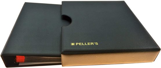 Coin album in slipcase for 275 various size of coins with a diameter up to 1.22" (31mm). 5+5 pages with 20 pockets 1.38" X 1.57" (35mm X 40mm) & 35 pockets 1.06" X 1.06" (27mm X 27mm) on the page & 10 interleaves. Model M.