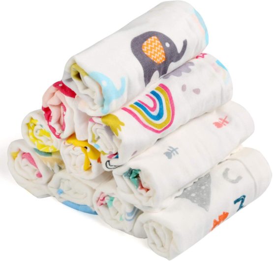 BelleStyle 10Pcs Muslin Washcloths Cotton Natural Baby Towels with Printed Design Soft Newborn Baby Towel for Sensitive Skin Baby