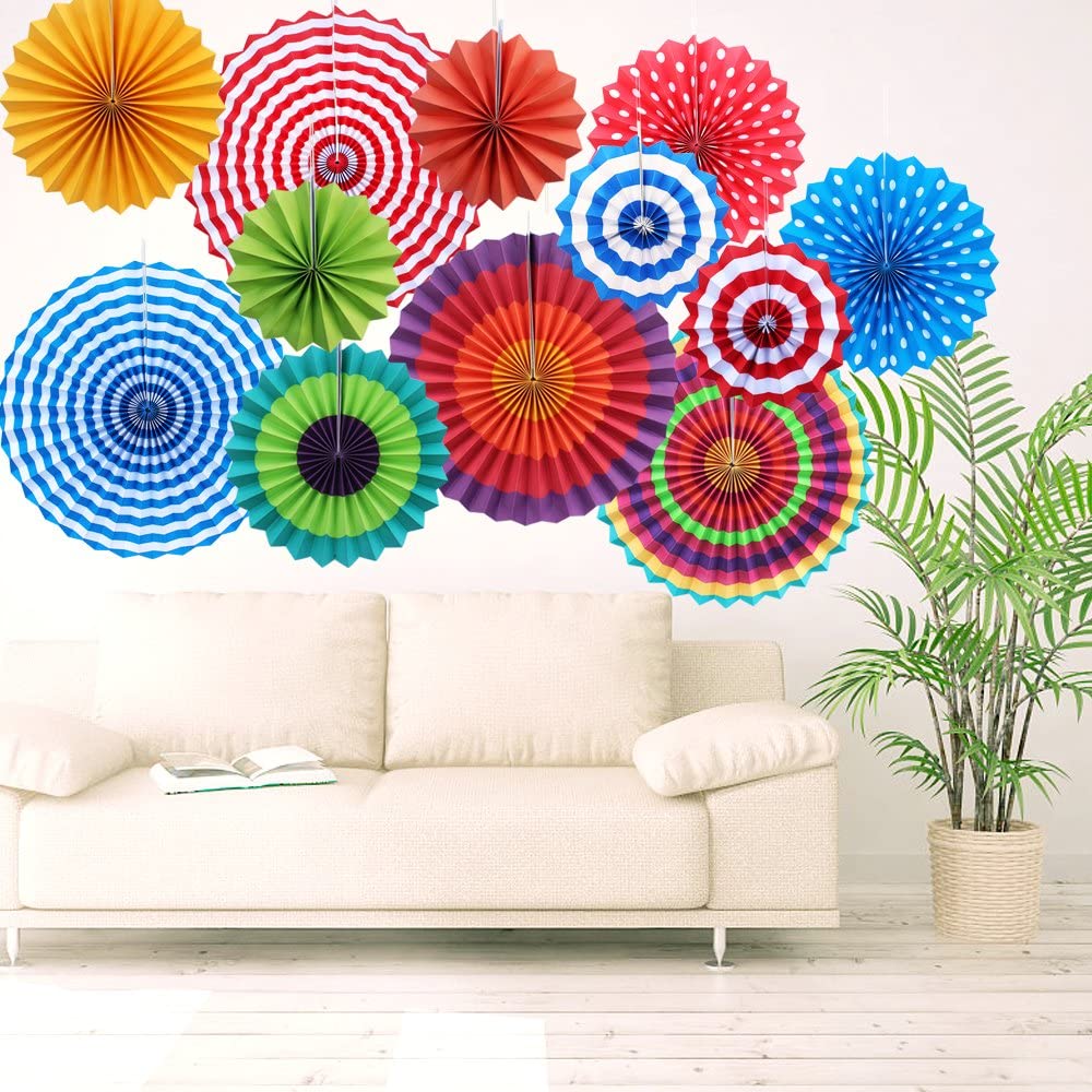 Yotako 12Pcs Party Decorations, Reusable Paper Fan Decorations with 3 Sizes & Clips - Image 3