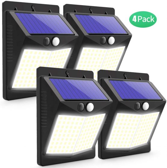 Solar Lights Outdoor, Claoner 128 LED Solar Motion Sensor Security Lights with 3 Lighting Modes IP65 Waterproof Durable Solar Powered Wall Lights 270°Lighting Angle for Yard Door Fence Pathway(4 Pack)