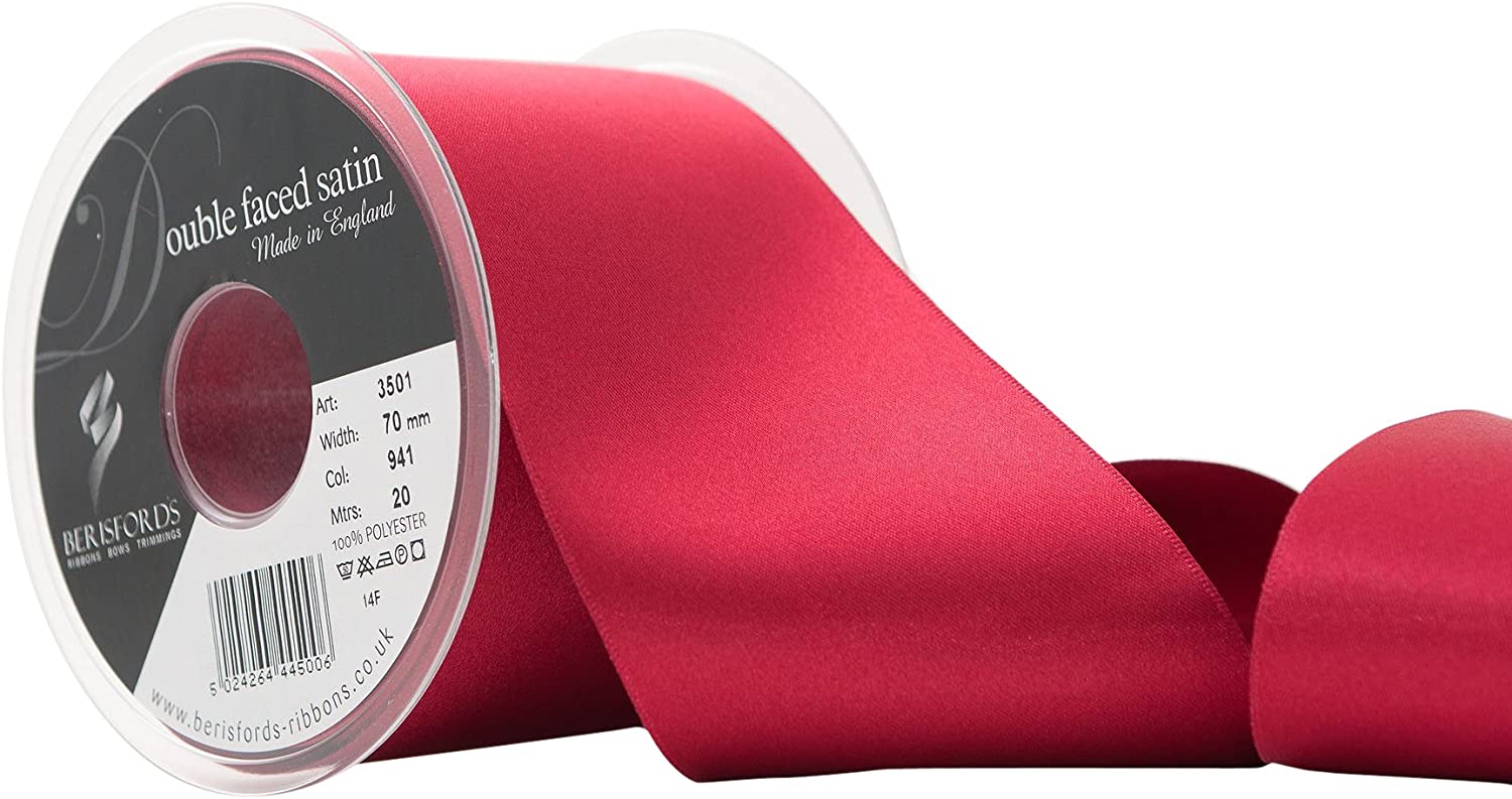 Berisfords Double Faced Satin Ribbon, Cardinal, 70 mm Width, 20 metre Length