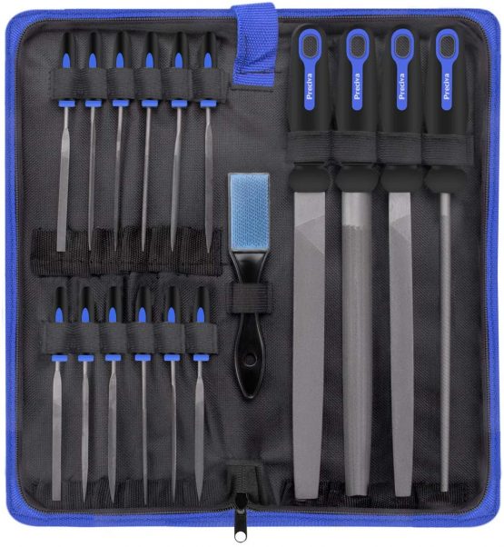 Preciva 16-in-one Wood Rasp File Set with 4 x 200mm Flat, Half-Round, Round, Triangle File & 12 x Needle File Set, Soft Grip Engineer's File Set (Black)