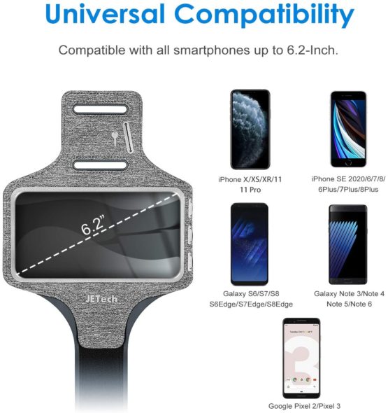 JETech Cell Phone Armband Case for Phone Upto 6.2 inch, Adjustable Band, w/Key Holder and Card Slot, for Running, Walking, Hiking, Grey - Image 2