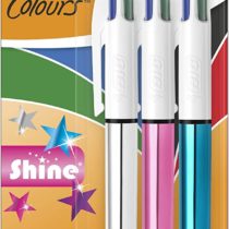 BIC 4 Colours Shine, Multi-coloured Ballpoint Pens, Medium Point (1.0mm) Biro Pens, Assorted Colours, Pack of 3