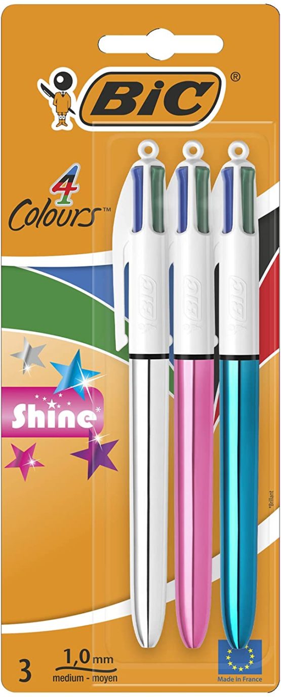 BIC 4 Colours Shine, Multi-coloured Ballpoint Pens, Medium Point (1.0mm) Biro Pens, Assorted Colours, Pack of 3