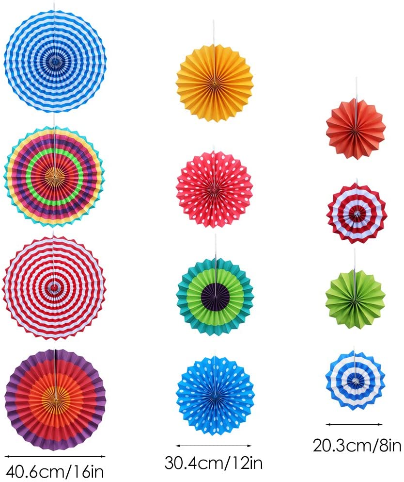 Yotako 12Pcs Party Decorations, Reusable Paper Fan Decorations with 3 Sizes & Clips - Image 2