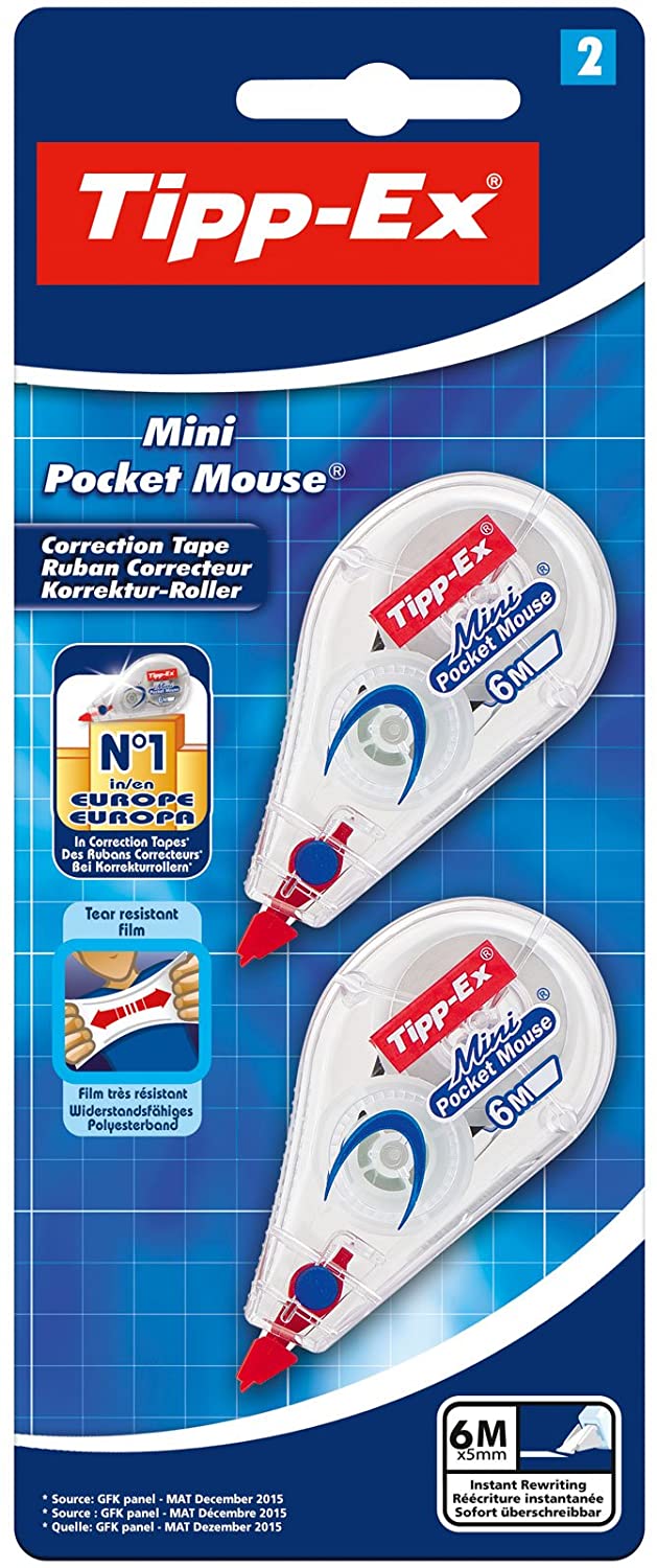 Bic Tipp-Ex Pocket Mini Pocket-Mouse Correction Tapes, With 6M-Long of Extra Tear-Resistant Plastic Tape, Pack of 2, White