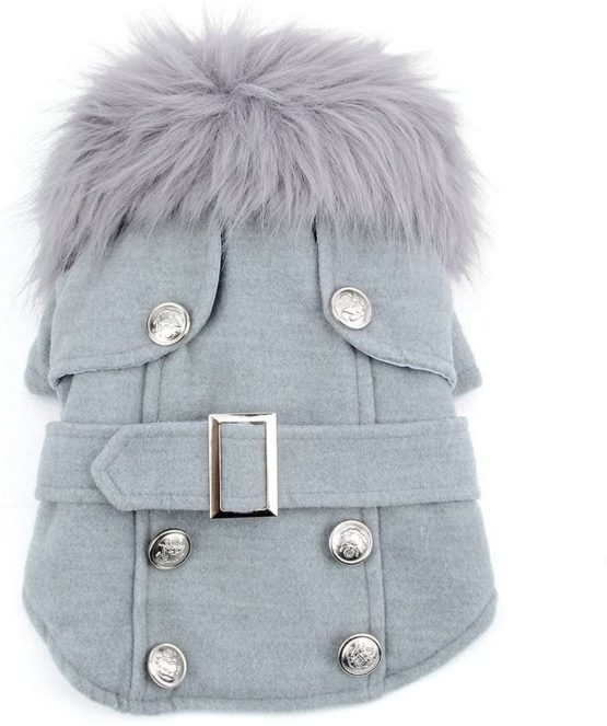 Pet Cat Dog Clothes European Woolen Fur Collar Coat Small Dog Cat Pet Clothes Costume Light Grey XL