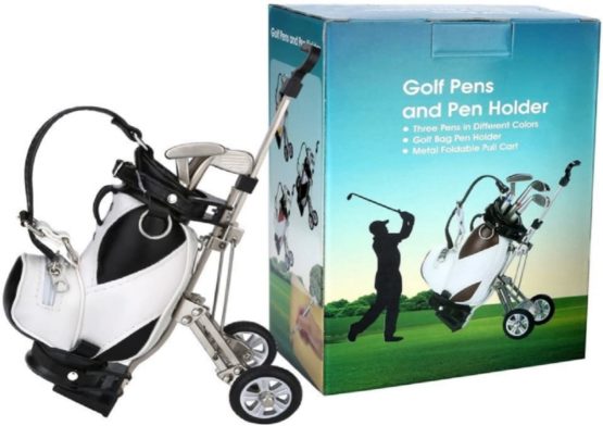 LL-Golf® Miniature Golf Bag Pen Holder With Trolley and 3 Golf Club Pens in Golf Present