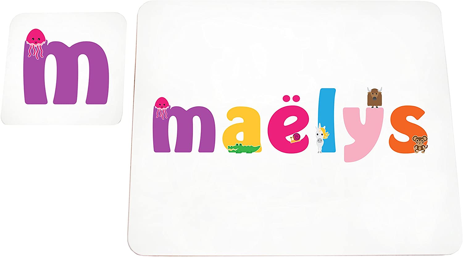 Little Helper Doily with Colourful Coaster Style Example with Girl's Name maëlys, multicolour, placemat: 19 x 23cm coaster: 16 x 12cm