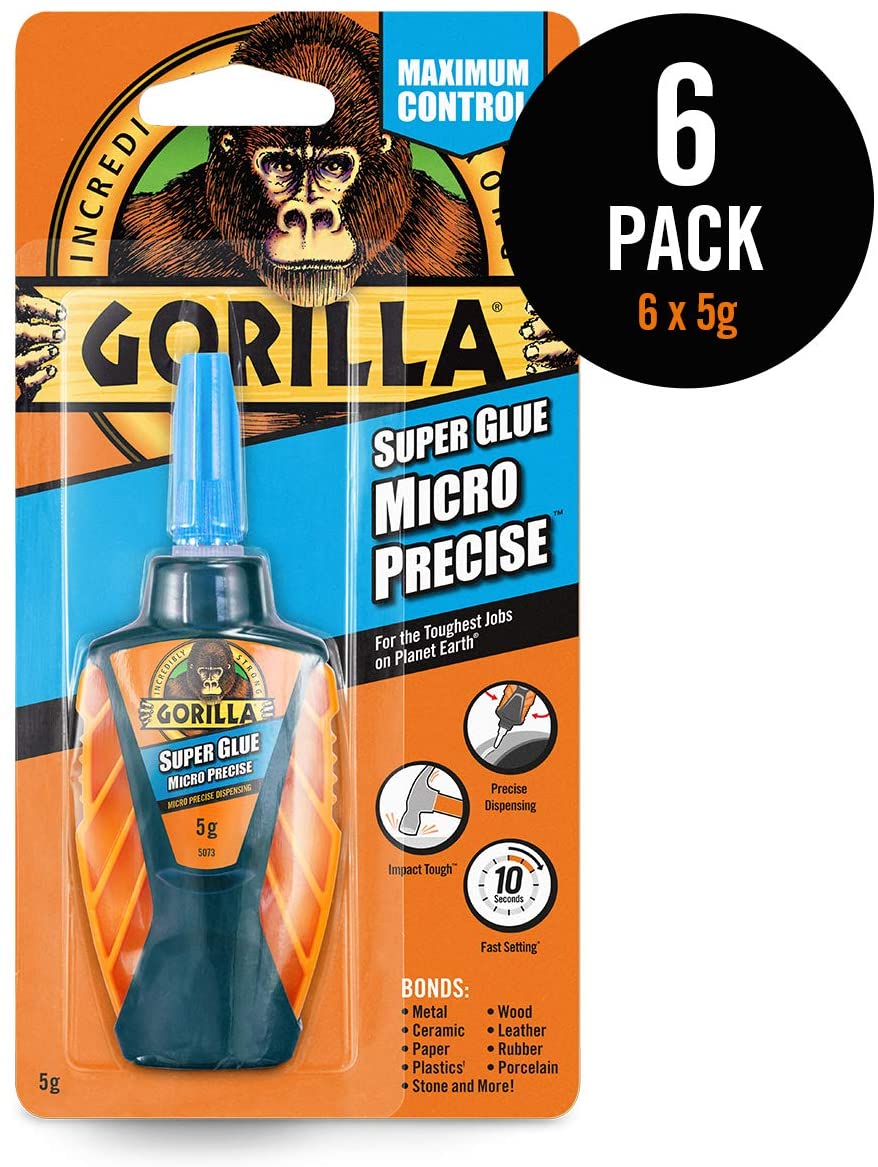 Gorilla Super Glue Micro Precise, 5g (6 Pack) - All Purpose, Fast Setting with Precise Dispensing Tool & Anti-Clog Cap