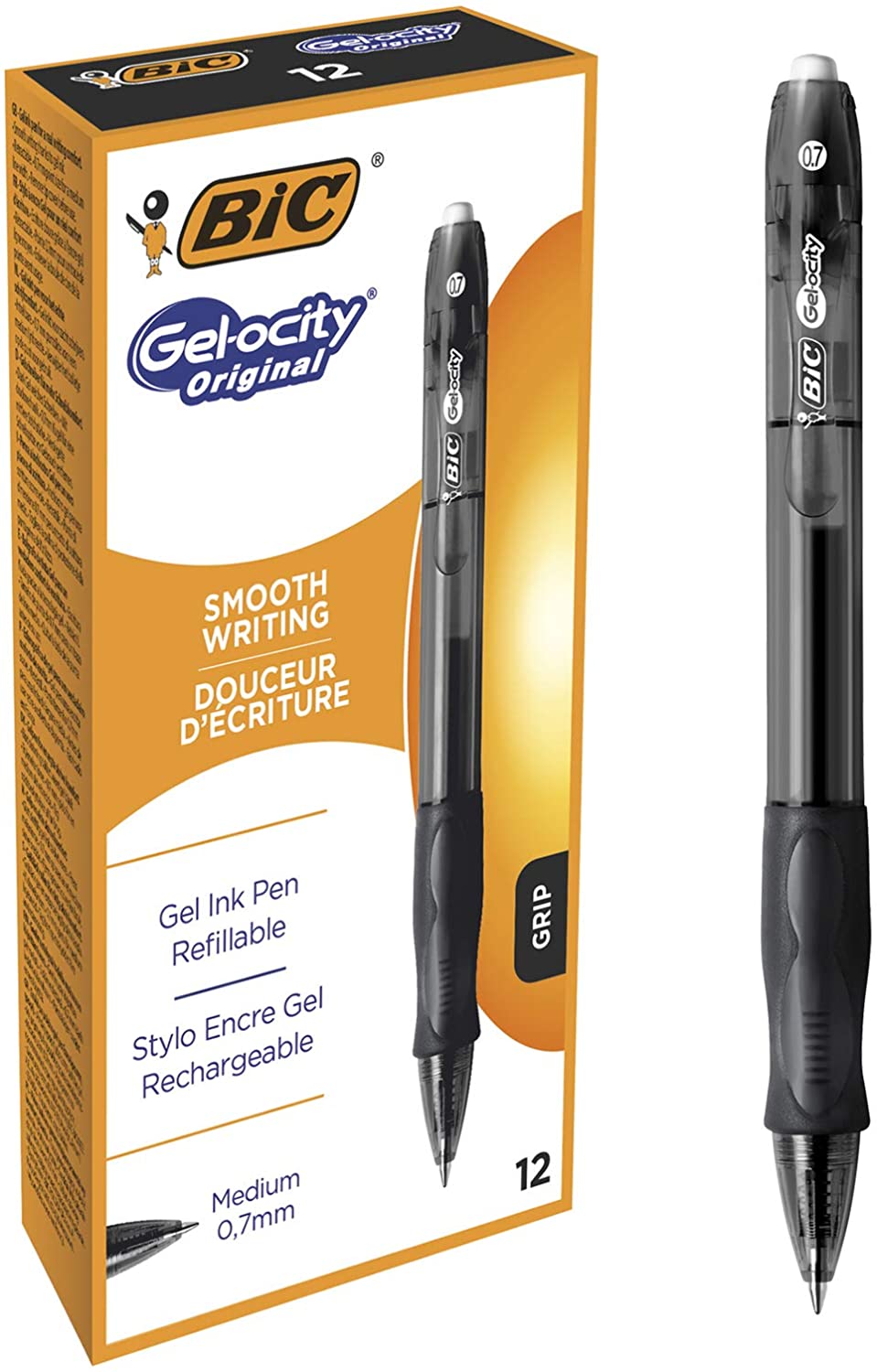 BIC Gel-ocity Original, Gel Ink Pens, With a Soft Grip, Seamless Smooth Writing, in Black, Medium: 0.7mm, Pack of 12