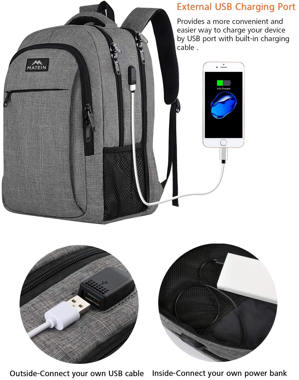 MATEIN Laptop Backpack 17.3 Inch Large Anti-Theft Backpack with USB Charging Port College Bag Daypack for Men Women Water Resistant Laptop Rucksack for Travel Work Business Office Grey - Image 3