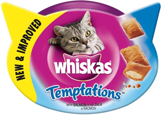 Whiskas Temptations - Tasty, Crunchy Cat Treats, Small Bite Size Snacks with a Delicious Salmon Filling, 8 x 60 g Packets