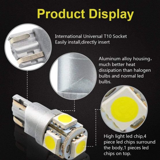 LncBoc W5W 501 LED Bulb T10 194 168 LED Bulbs White 5-SMD 5050 For Car Sidelights, Interior Light, Dashboard, Number Plate, Boot Bulbs DC 12V Pack of 10 - Image 3