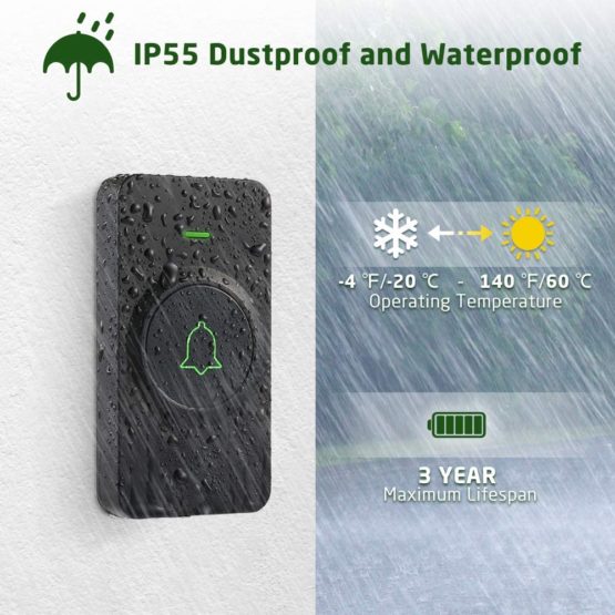 Wireless Doorbell, AVANTEK 1000ft Long Range Door Bells, Mini IP55 Waterproof with 2 Plug-in Receivers, Cordless Doorbell with 5 Levels Volume, 52 Melodies, LED Flash, CB-12 (CR2032 Battery Included) - Image 3