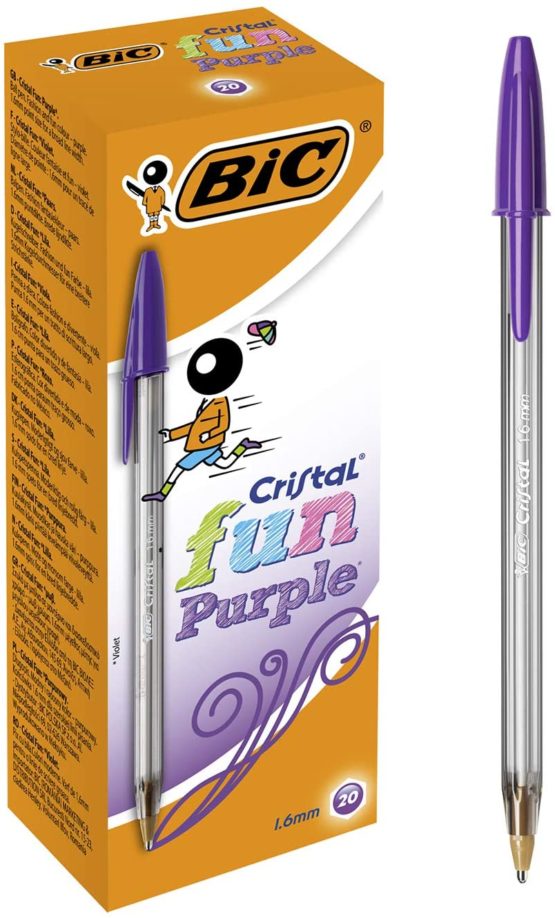 BIC Cristal Fun Ballpoint Pens, Purple Ink Smudge-Proof Writing Pens and Wide Point (1.6 mm), Pack of 20