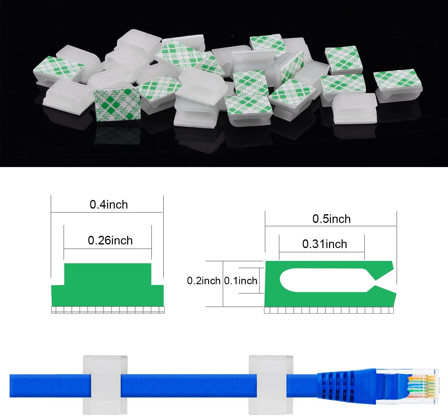 Hicarer 100 Pcs Adhesive Cable Clips Hooks for Outdoor String Lights Clips Wire Clips Cable Management Wire Cord Holder for Hanging Christmas Light Wall Desk Car Home Office (White - Image 2