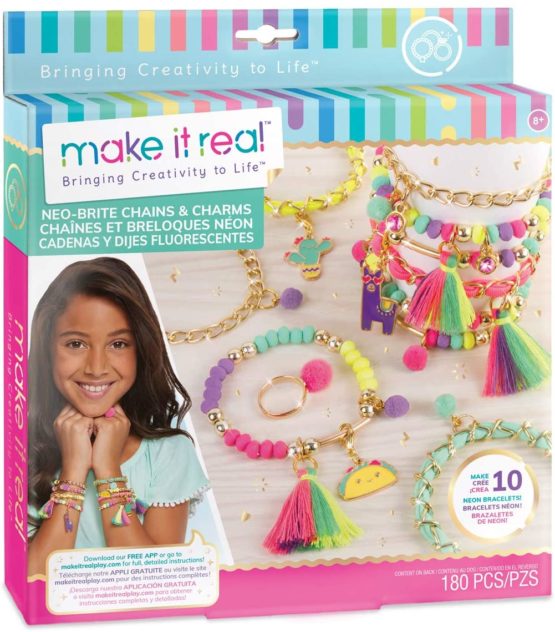 Make It Real – Neo-Brite Chains & Charms. Bracelet Making Kit for Girls and Tweens to Create Unique Bracelets, Tassel Charms, Gold Chains, and More