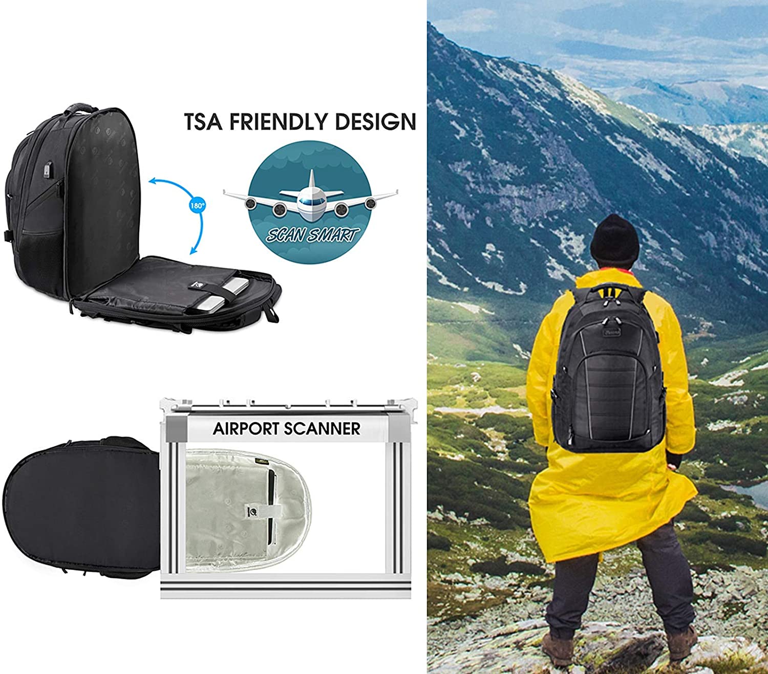 Laptop Backpack, Extra Large 17 Inch Business Travel Rucksack with USB Charging Port Earphone Hole - Image 3