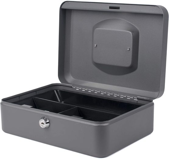 PAVO Premium 10-Inch Metal Cash Box with 2 Keys and Removable Change Tray - Dark Grey - Image 2