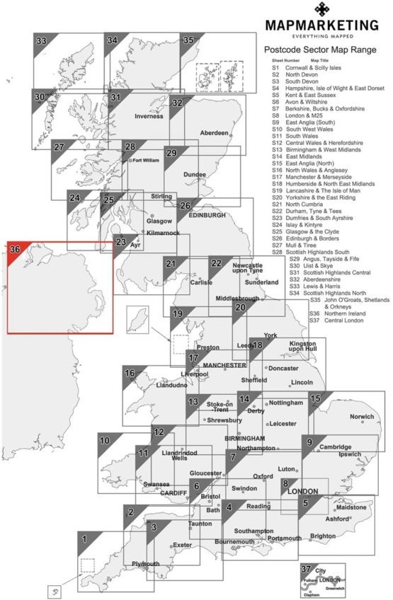 Northern Ireland Postcode Sector Map 36 Laminated Wall Map BigaMart