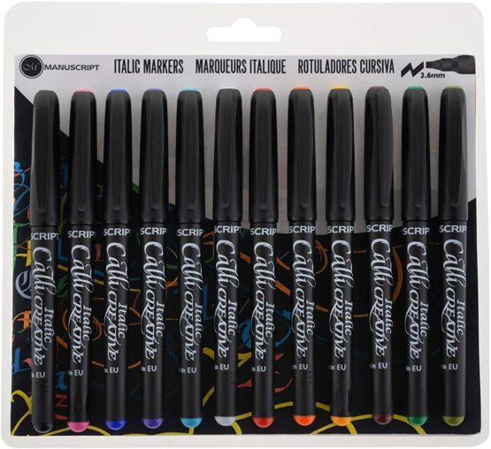 CALLICREATIVE Manuscript Broad 12 Pieces Markers with 3.6mm Italic Chisel nibs, Twelve Variety of Shades – Ideal for Exploring The Art of Hand Lettering, Multi-Colour, 185mm x 200mm x 26mm